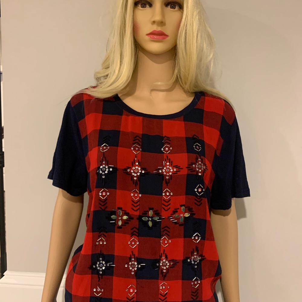 J Crew Red and Navy Plaid Top with Navy Sleeves and beautiful Crystal detailing
